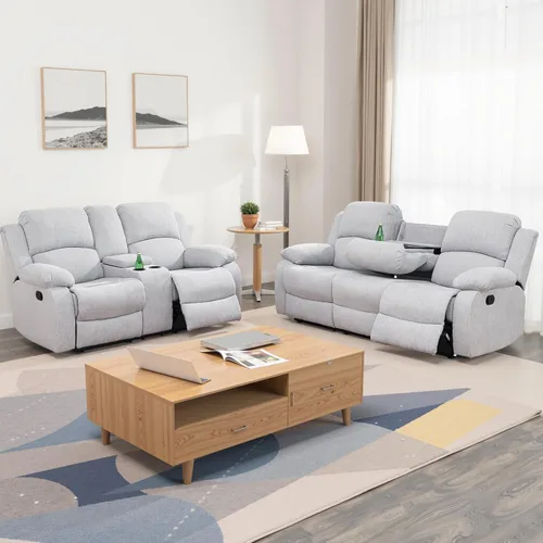 Vista 83 de Juego de sofá reclinable para sala de estar, juego de muebles de 2 piezas, sofá reclinable de 3 asientos y sofá biplaza con portavasos y consola