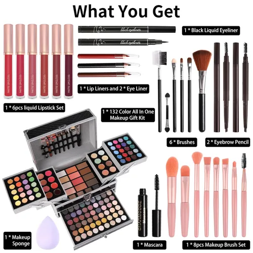 Vista 2 de Set de regalo de maquillaje para mujeres y niñas, kit de maquillaje completo todo en uno con sombra de ojos, brillo de labios, corrector, rubor