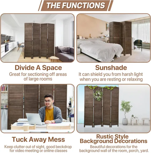 Vista 4 de Divisor de habitación de 4 paneles, pantalla de privacidad de madera, divisor de pared interior de 5.75 pies, pantalla de división portátil