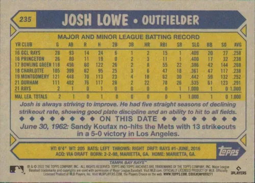 Vista 2 de 2022 Topps Archives #235 Josh Lowe 1987 Topps NM-MT RC Rookie Tampa Bay Rays Baseball