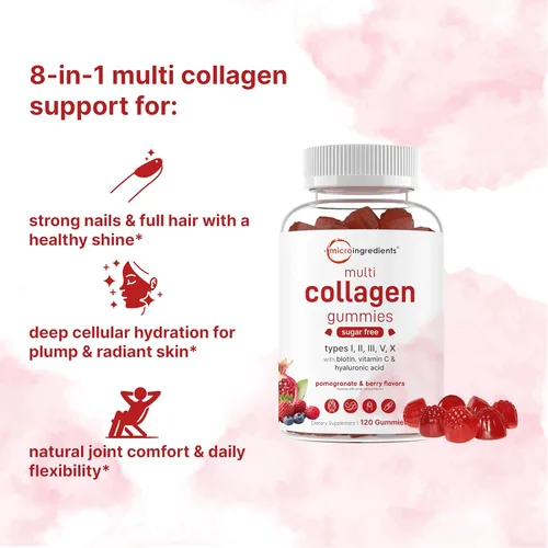 Vista 3 de Micro Ingredients Péptidos de colágeno múltiple, 120 gomitas de colágeno Proteína tipo I, II, III, V, X con biotina, ácido hialurónico y complejo