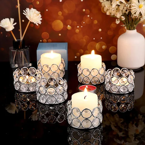 Vista 7 de OwnMy Juego de 6 portavelas votivas de cristal plateado, candelabros votivos, portavelas decorativos, candelabros de pilar, centros de mesa de velas