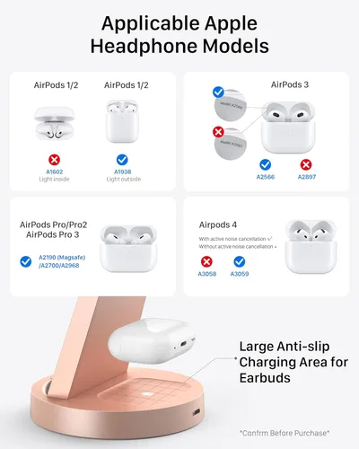 Vista 5 de Estación de carga 3 en 1 para iPhone, cargador inalámbrico para iPhone 17 16e 16 15 14 13 12 11 X Pro Max y Apple Watch - Base de carga para AirPods