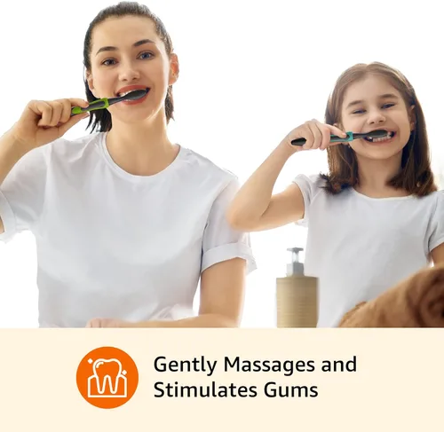 Vista 6 de Amazon Basics Cepillos de dientes suaves para adultos, limpieza profunda pulsante con cerdas suaves, 2 unidades, colores surtidos