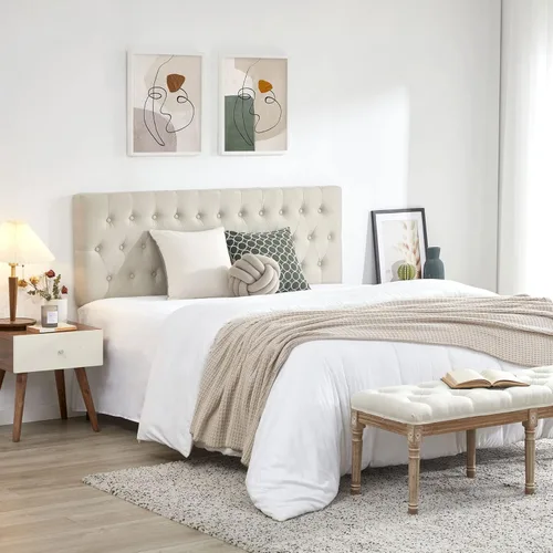 Vista 4 de Kingfun Cabeceras con diseño moderno de botones, cabecera de cama tapizada y acolchada de tela de lino premium, cabecera de madera maciza ajustable