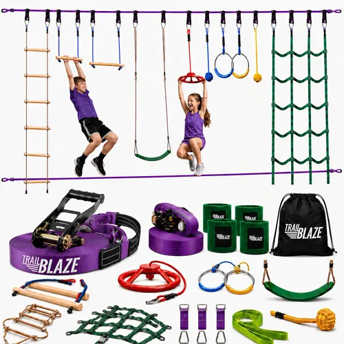 Trailblaze Curso de Obstáculos de Guerrero Ninja para Niños - Diversión al Aire Libre 2x55 Pies de Cuerda Floja Ninja, Red de Escalada, Escalera de