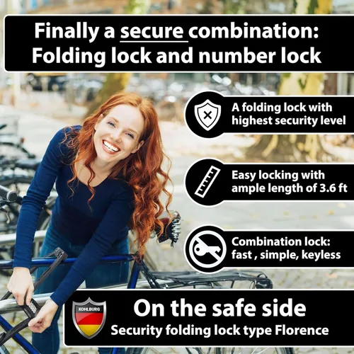 Vista 7 de KOHLBURG Cerradura plegable para bicicleta [43 pulgadas] a prueba de cortador de pernos con código de combinación de 4 dígitos y soporte, bloqueo