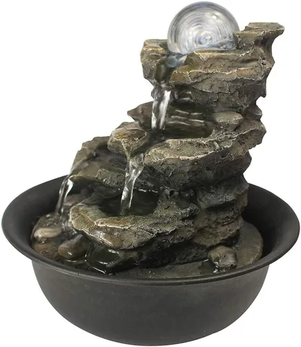 Vista 6 de Fuente de agua de mesa xpiyaer de 21 cm de alto con cascada de roca de 4 niveles y luz LED y bola giratoria - Cascada pequeña
