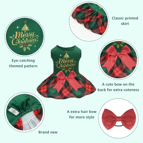 Vista 3 de CuteBone - Vestido de malla para perros, vestido de sol navideño para cachorros, atuendo para mascotas, moda de verano para perros pequeños, niña