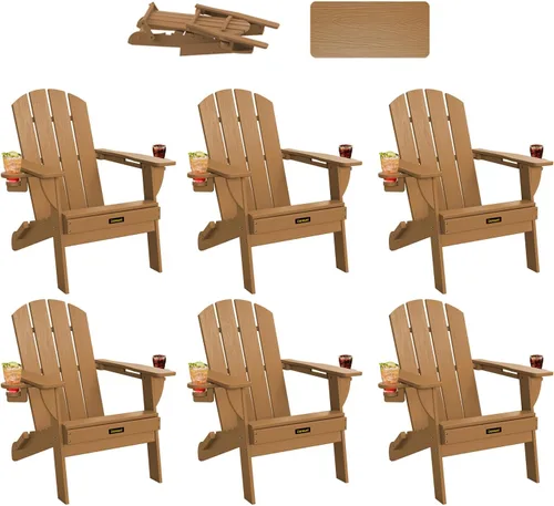 Vista 32 de Silla Adirondack Plegable, Sillas Adirondack de Plástico con Textura de Madera con 2 Portavasos, Silla para Hoguera de HDPE Resistente a