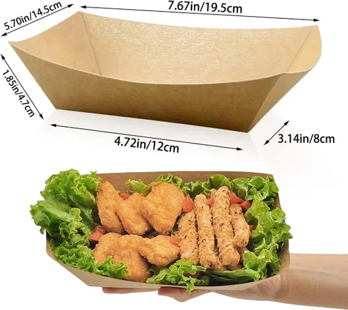 Vista 2 de Oomcu Paquete de 100 bandejas de papel resistentes de 3 libras, botes desechables de papel kraft marrón para aperitivos de fiesta, nachos, perros