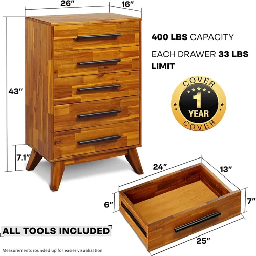 Vista 3 de Acacia Linea - Cómoda de madera maciza con 5 cajones de 26 pulgadas, cómoda Caramelo