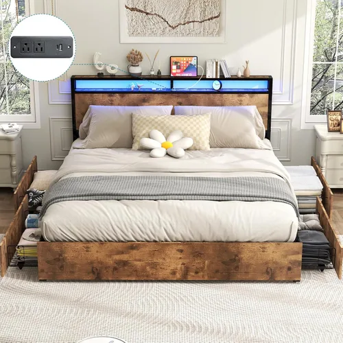 Vista 14 de Kiivakii Estructura de cama tamaño completo con cabecero, cama plataforma LED con 4 cajones de almacenamiento, estación de carga integrada, sin