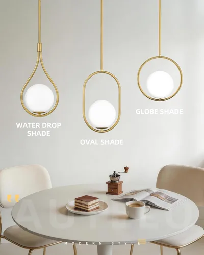 Vista 5 de AUTELO Luces colgantes para isla de cocina, 1 luz de oro cepillado moderno con lámpara colgante de globo blanco lechoso, varillas ajustables