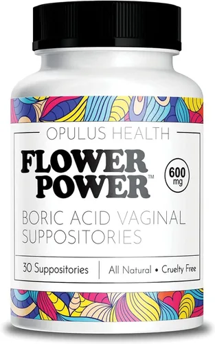 Flower Power Supositorios de ácido bórico para mujeres, 30 cápsulas, 600 mg para equilibrio y frescura del pH vaginal, vegano, fabricado en Estados