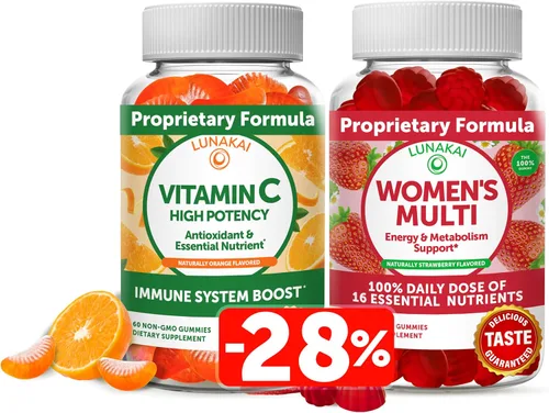 Lunakai Paquete de gomitas multivitamínicas de vitamina C y para mujer, 300 mg orgánicas, sin OMG, suplemento masticable vegano – 100% valor diario