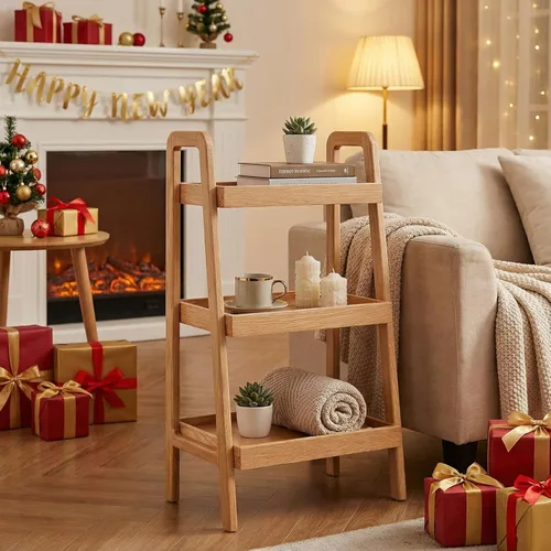 Vista 5 de Estantería de escalera de 3 niveles 100% roble macizo, estantería pequeña, estantería de escalera, estantería con marco estable, mesa pequeña