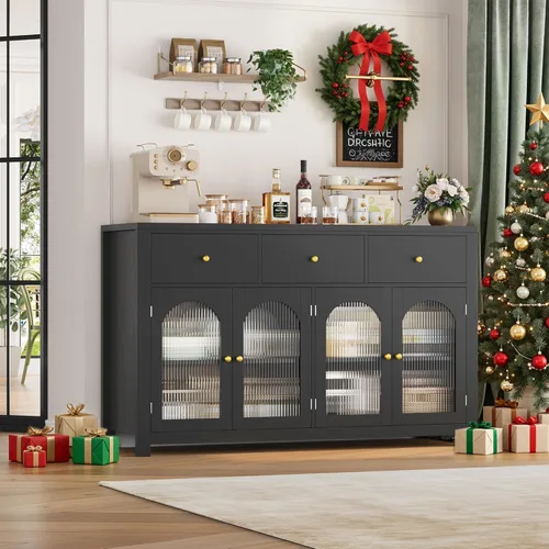 Vista 2 de FINETONES Buffet Cabinet with Storage, 55.1" Large Sideboard Buffet Farmhouse Kitchen Cabinet with 3 Drawers and 4 Doors, Wood Coffee Bar for