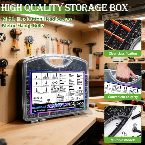 Vista 4 de mxuteuk Juego de tornillos métricos y pernos de brida, kit surtido de tuercas y pernos M2/M3/M4/M5/M6/M8/M10, tornillos de máquina de acero