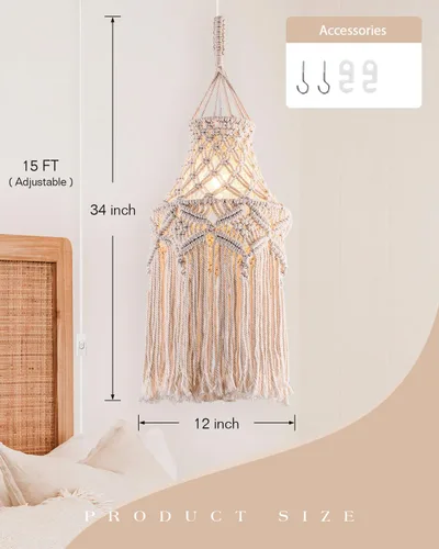 Vista 4 de Lámpara colgante bohemia enchufable con pantalla de macramé, lámpara colgante con cable de enchufe, interruptor de encendido/apagado, lámparas