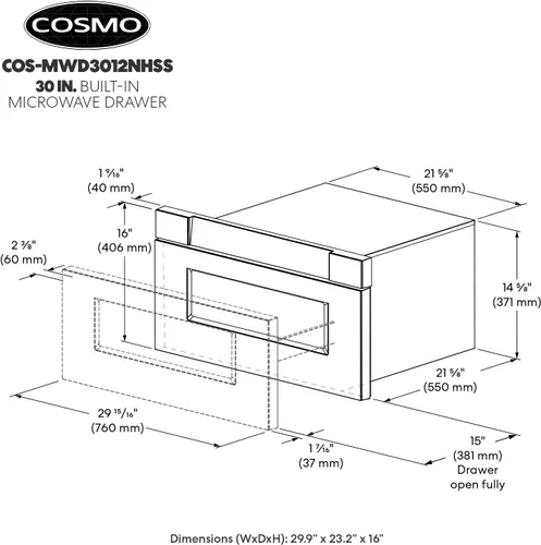 Vista 10 de COSMO COS-MWD3012NHSS 30 in. Haven Collection 1.2 pies cúbicos Cajón integrado para microondas, presets, controles táctiles, estante