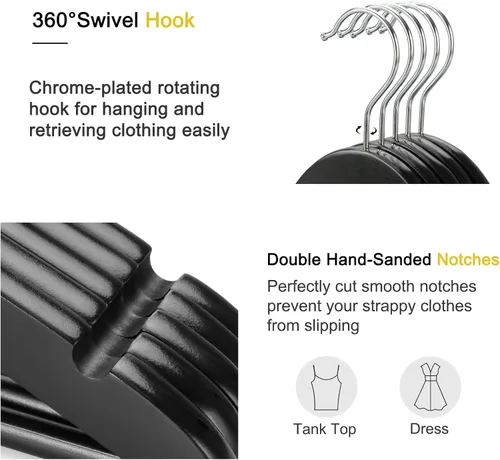 Vista 3 de TOPIA HANGER Perchas de madera para abrigos, paquete de 30 perchas de madera negra, gancho giratorio de 360° y muescas antideslizantes