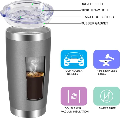 Vista 2 de Vaso Vegond de acero inoxidable, con tapa y popote, 12 onzas, doble pared con aislamiento al vacío, taza de café reutilizable, para viaje