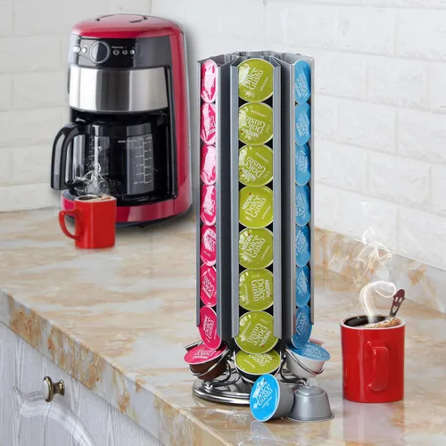 Vista 4 de FlagShip Soporte para cápsulas de café para Dolce Gusto, organizador de cápsulas de carrusel de metal, 48 cápsulas, color plateado