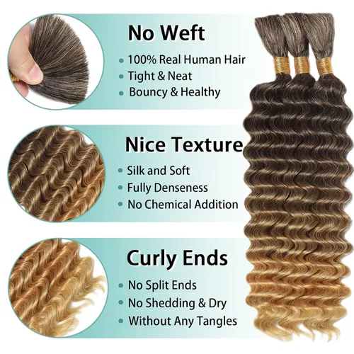 Vista 71 de Cabello Humano para Trenzar para Trenzas Boho 3 Paquetes/Pack 110g (3.88 oz) 14 Pulgadas Cabello Humano a Granel Ondulado Profundo para Trenzar