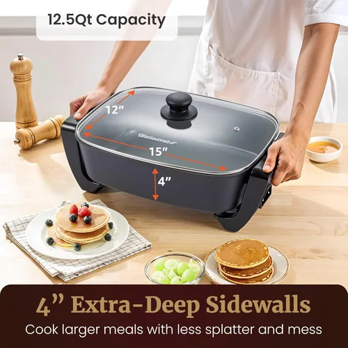 Vista 3 de Elite Gourmet Sartén eléctrica de 15" x 12" x 4", plato extra profundo, Ceralast sin PFAS Ceralast, calor rápido de 1500 W, tapa ventilada de vidrio