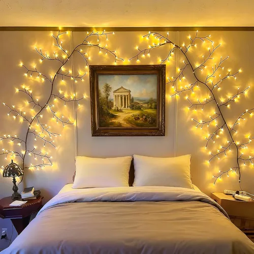 Luces de vid de sauce encantado para pared: 7.5 pies de luz LED centelleante de rama de árbol para sala de estar y dormitorio, decoración del hogar