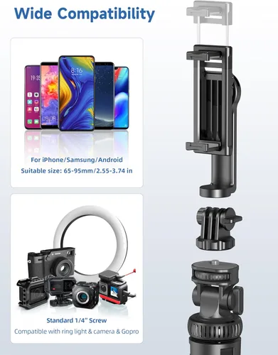Vista 5 de Trípode de teléfono de 75 pulgadas, palo selfie con control remoto y soporte para teléfono, trípode extensible para iPhone, trípode de aluminio