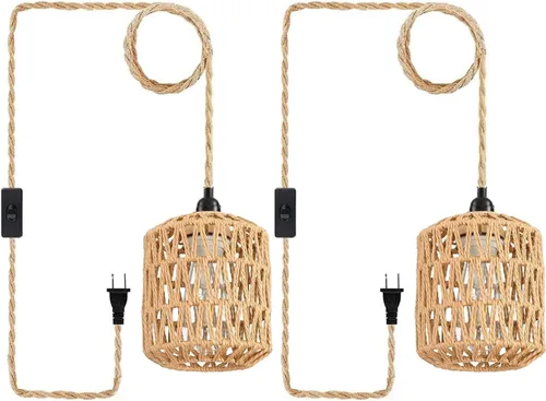 Vista 10 de Lámpara colgante industrial con cable enchufable, interruptor de encendido/apagado de cuerda de cáñamo, lámpara colgante de granja para comedor