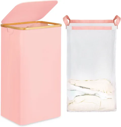 Vista 31 de efluky Cesta de lavandería delgada con tapa, cesta estrecha para la ropa sucia con bolsa extraíble, cesta de ropa sucia delgada con asas de bambú