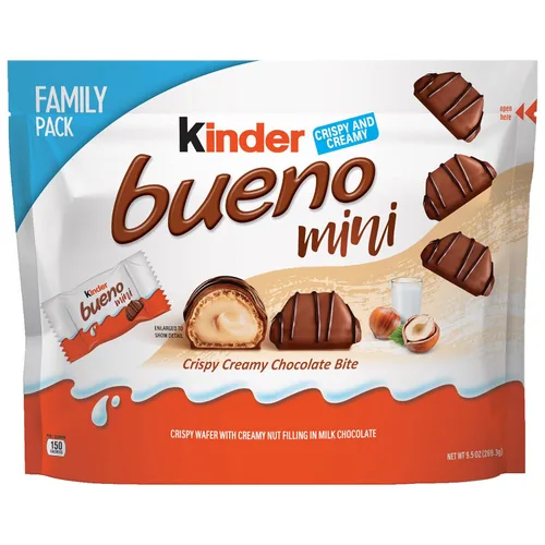 Kinder Bueno Mini, bocados crujientes y cremosos de chocolate con crema de avellana, chocolate con leche, envueltos individualmente, paquete