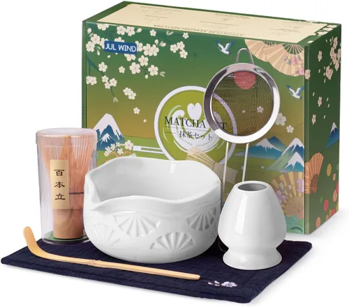 Vista 9 de Juego de batidor de matcha, juego de matcha de cerámica incluye cuenco de matcha con boquilla, batidor de matcha y soporte, cuchara de bambú, tamiz