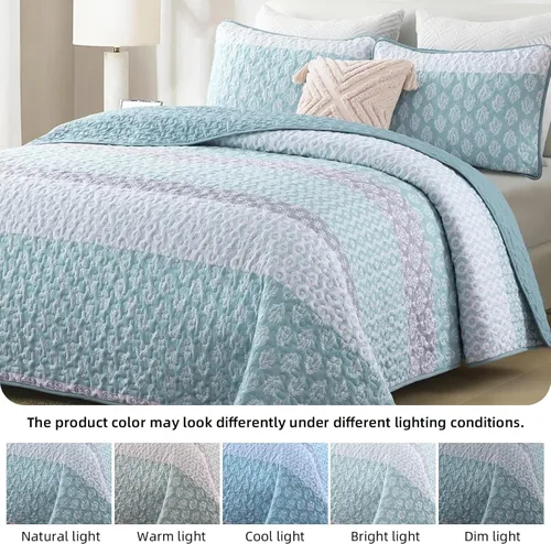 Vista 7 de Cottolester Juego de edredón Aqua tamaño Full, colcha a rayas estilo bohemio, juego de ropa de cama de microfibra ligera y suave de 3 piezas, 78"x90
