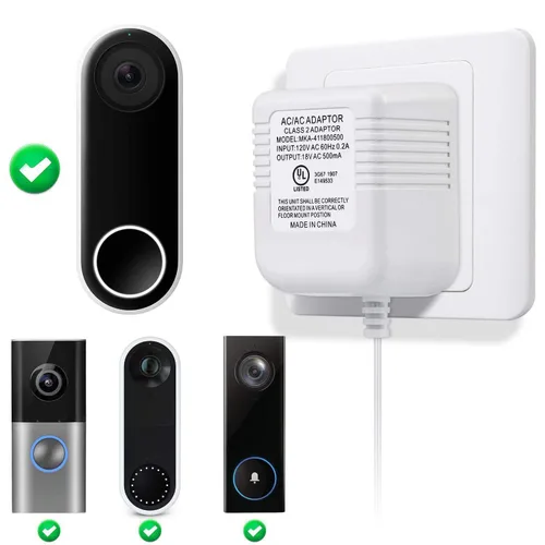 Vista 2 de Hotop Adaptador de corriente compatible con timbre Nest Hello Video, Arlo y Eufy, transformador de 18 voltios 500 mA certificado UL con cable