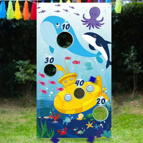 Blulu Cartel de juegos de lanzamiento de animales del océano con 4 bolsas de frijoles, juego de lanzamiento, para interiores y exteriores, delfín,