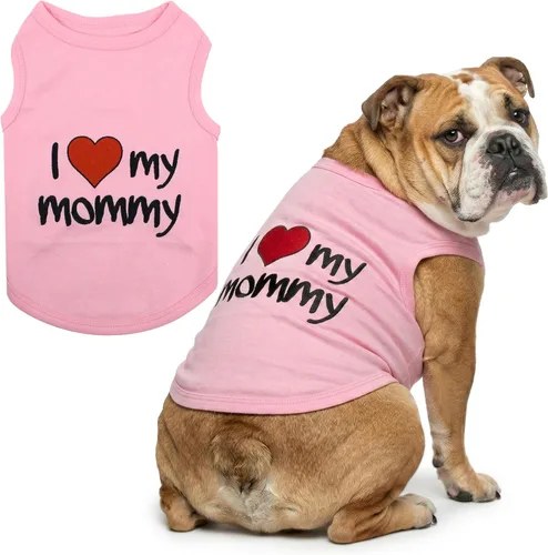Vista 92 de Playera parisina para perros con palabras bordadas "I Love My Mommy" - 100% algodón, camiseta rosa para perros - Chaleco sin mangas para mascotas