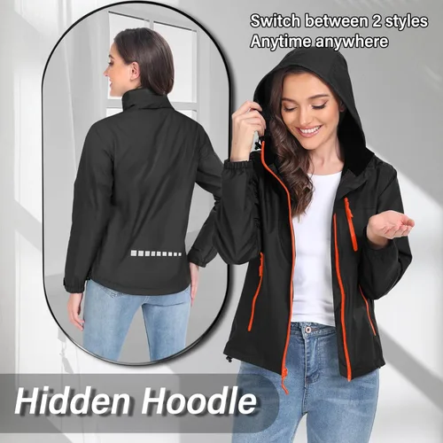 Vista 5 de Chaqueta impermeable plegable para mujer, ligera, impermeable, con capucha, cortavientos para viajes al aire libre, senderismo