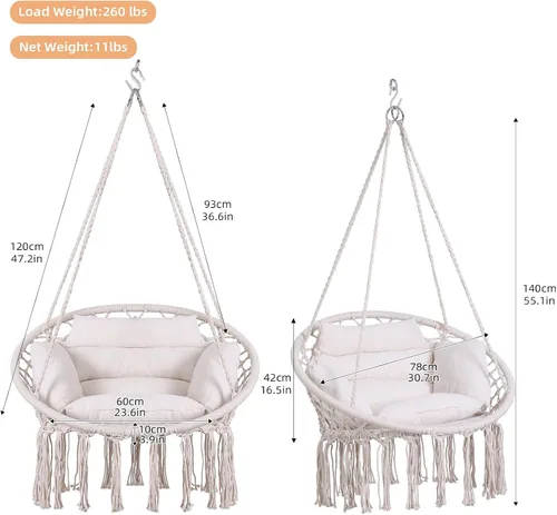 Vista 7 de Goutime - Silla hamaca con columpio colgante de macramé, con cojín y kit de herramientas, columpios boho para adultos para exteriores, patio, Beige