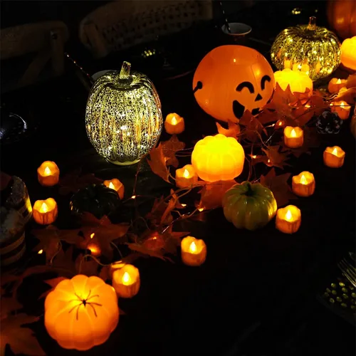 Vista 3 de Paquete de 12 velas de té naranja para Halloween, velas pequeñas que gotean, velas LED que funcionan con pilas, mini luces de calabaza con bombilla