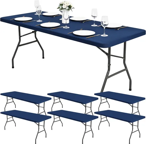 Vista 11 de Paquete de 6 fundas de tela elástica para mesa, color beige, para mesas de 8 pies, protector de mantel rectangular universal lavable y elástico