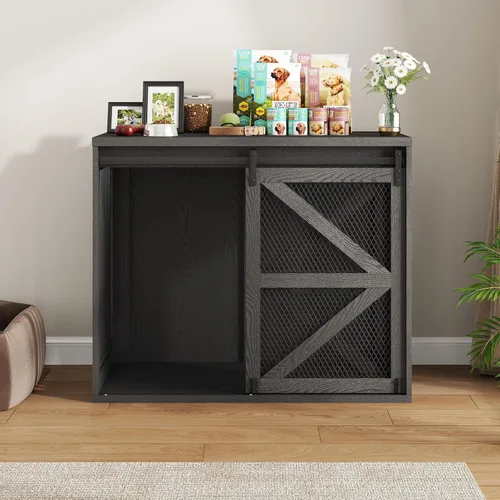 Vista 7 de Mueble de jaula para perros de granja de 43 pulgadas, muebles de madera para perreras con puerta corrediza de malla metálica de granero, muebles