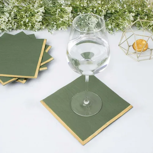 Vista 2 de Efavormart 50 Pack Servilletas de papel para fiestas de 2 capas suaves verde oliva con borde dorado de oro, servilletas para cenas, cócteles