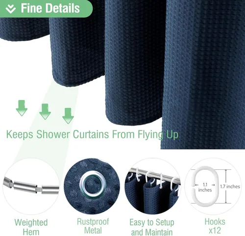 Vista 462 de Cortina de ducha de tela Dynamene verde oscuro - Cortinas de baño de tela de nido de abeja texturizadas resistentes, juego de cortinas de baño