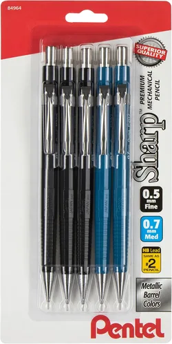 Pentel Sharp - Portaminas (0.028 in), barril negro y azul, paquete de 5 (P2057BP5AC)