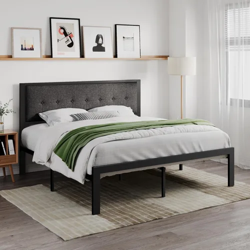 Vista 3 de SHA CERLIN Base de cama tamaño King con cabecera tapizada, base de cama de plataforma con listones de metal, cabecero con costuras cuadradas