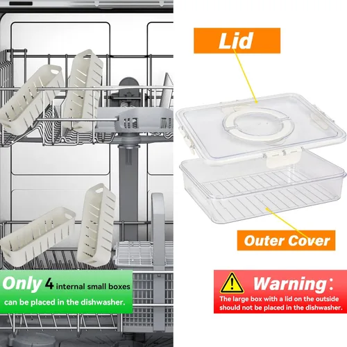 Vista 2 de Contenedores portátiles de almacenamiento de frutas para refrigerador, contenedor de caja de aperitivos de 4 compartimentos, bandeja dividida sin